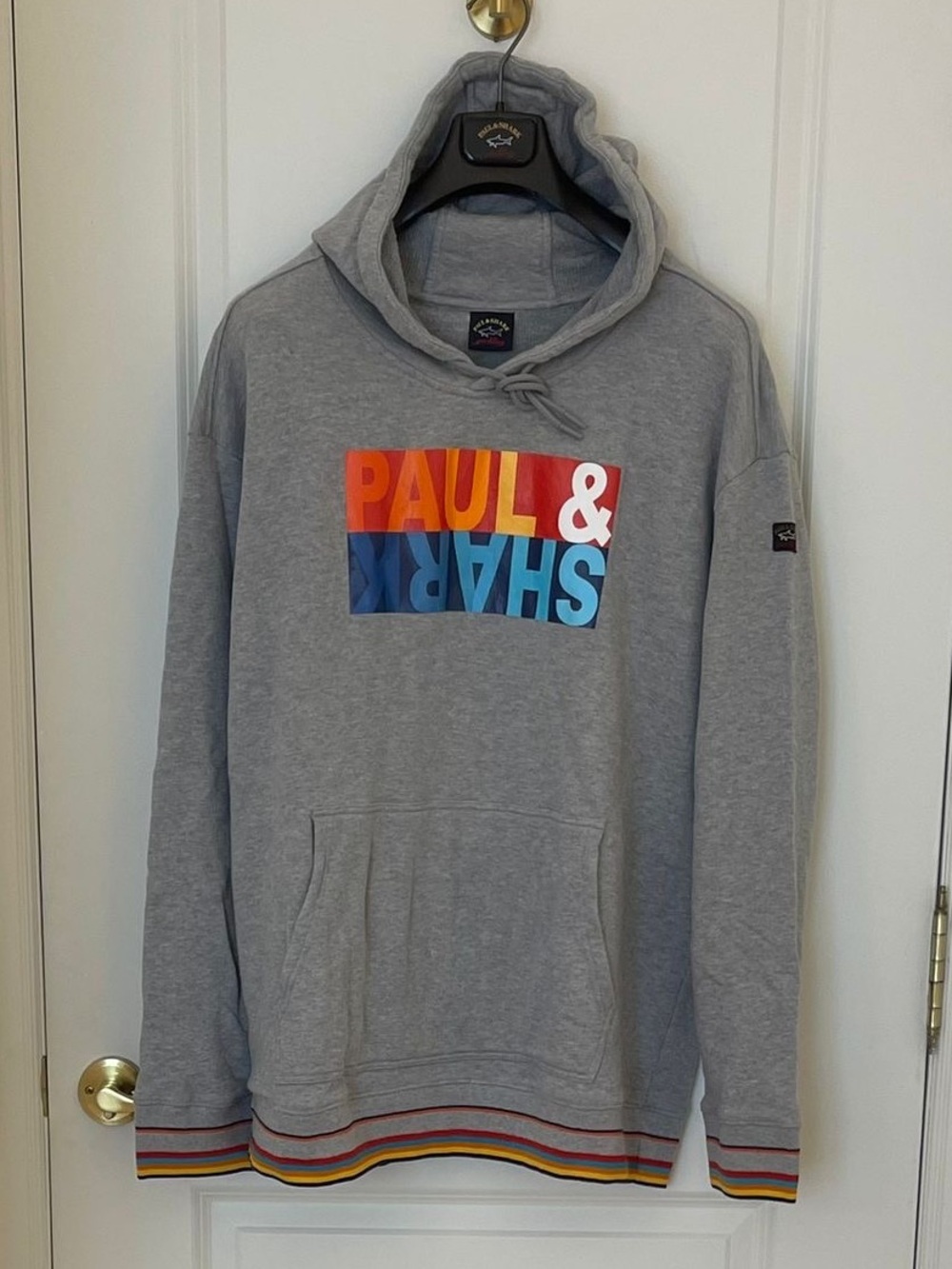 Paul & Shark Grey Hoodie with Multicolor Stripe Trim